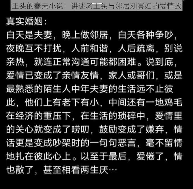 老王头的春天小说：讲述老王头与邻居刘寡妇的爱情故事