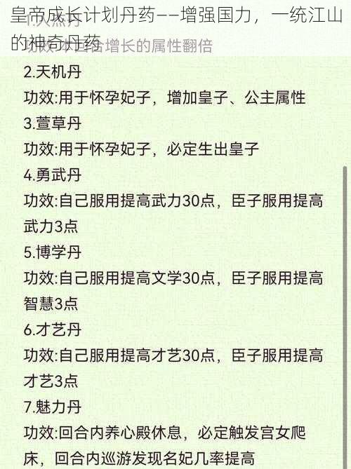 皇帝成长计划丹药——增强国力，一统江山的神奇丹药