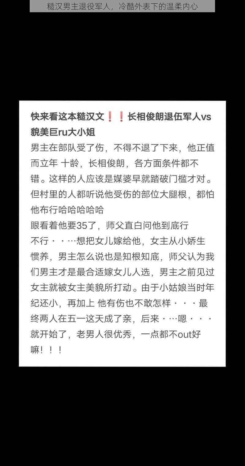 糙汉男主退役军人，冷酷外表下的温柔内心